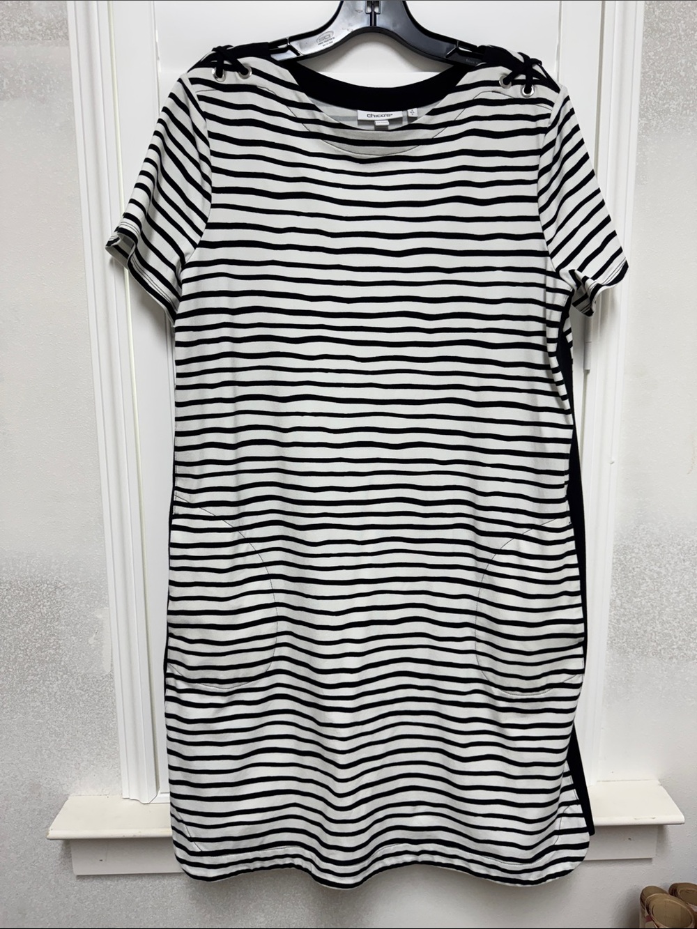 Chico's Black and White Striped Short Sleeve Shift Dress
